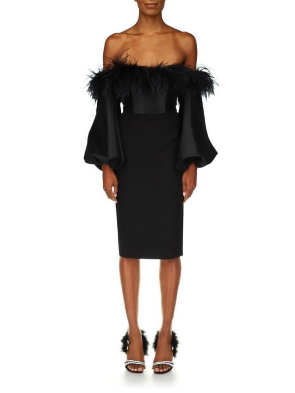 Badgley Mischka Black Feather-Trim Off-Shoulder Pencil Skirt Dress